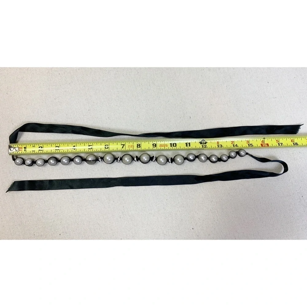 Black Satin Ribbon Mesh Faux Pearl Necklace